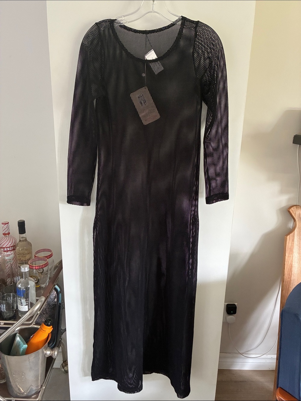 PHAX Black Long Sleeve Mesh Swim Coverup Maxi DRESS SHEER tunic kaftan